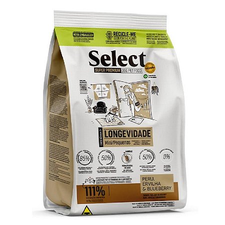 Ração Select by Monello Longevidade para Cães Senior 7+ de Porte Mini e Pequeno Sabor Peru, Ervilha e Blueberry