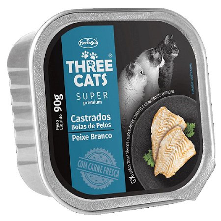 Ração Úmida Three Cats Patê Gatos Castrados Sabor Peixe Branco 90g