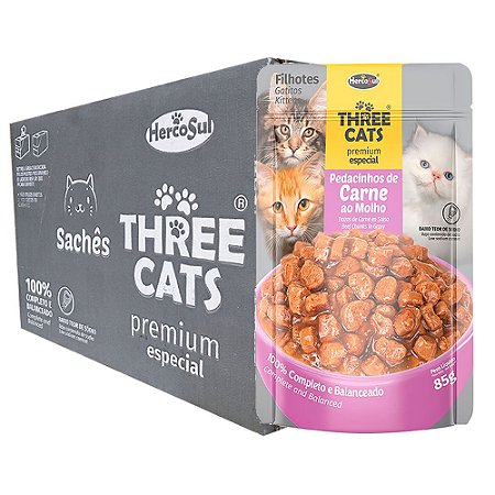 Ração Úmida Three Cats Premium Especial Sachê Gatos Flhotes Sabor Carne ao Molho  Caixa 12un 85g Cada - Hercosul