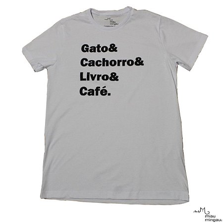 Camiseta Gato, Cachorro, Livro e Café