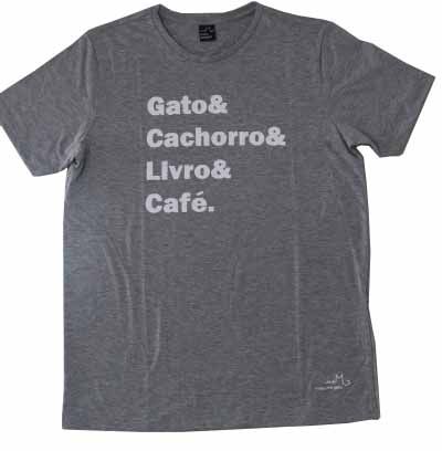 Camiseta Gato, Cachorro, Livro e Café