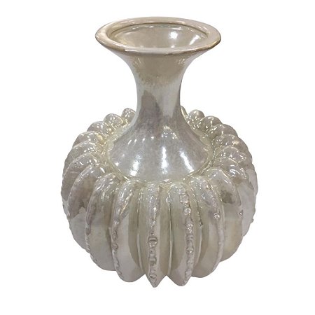 Vaso Decorativo Detalhado em Cerâmica 25cm - Branco Perola