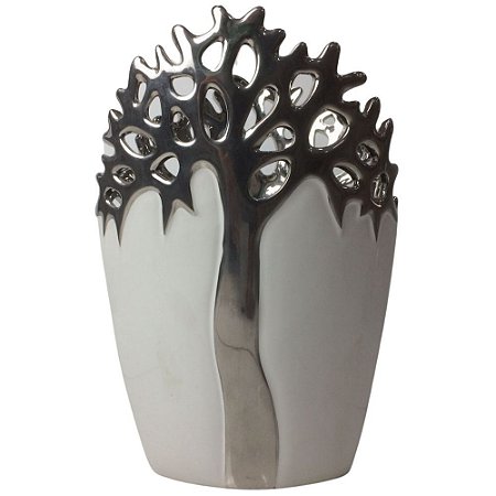 Vaso Decorativo Branco/Prata 28cm em Cerâmica - LEAO DE JUDA