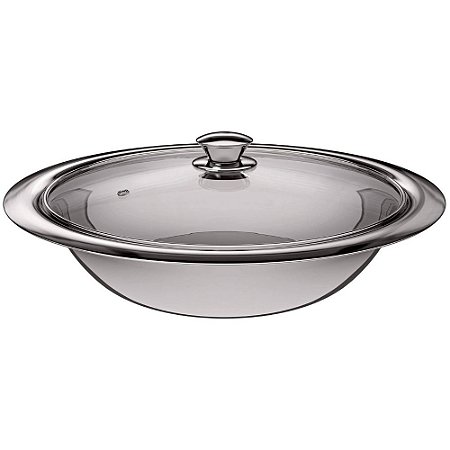 Travessa Redonda em Aço Inox c/Tampa de Vidro 36cm 3,25L
