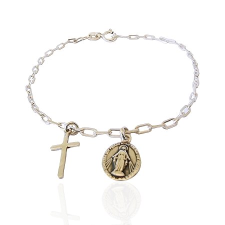 Pulseira de Nossa Senhora das Graças com cruz Prata925 com oxidação na corrente cartier.