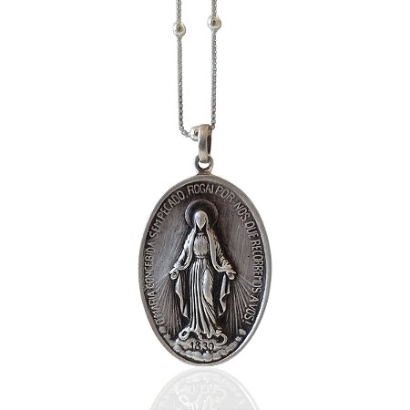 Colar de Bolinha da Medalha Milagrosa de Nossa Senhora das Graças na corrente de  0,45 cm prata 925.