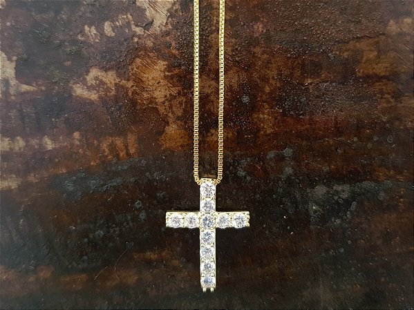 Colar Cruz  zircônia branca 3mm folheado  a ouro 18k