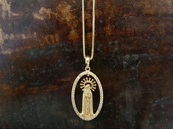 Colar NSª de Fatima com zircônia branca folheado a ouro 18k