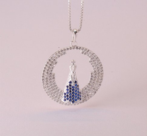 Colar NSª Aparecida toda em  zircônia branca com azul em Prata 925