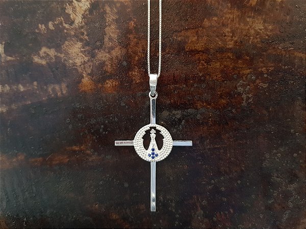 Colar Crucifixo NSª Aparecida  zircônia azul em Prata 925