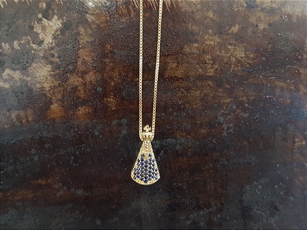 Colar NSª Aparecida manto zircônia azul Folheado a ouro 18k.
