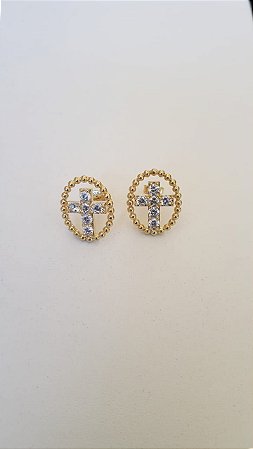 Brinco Cruz com Zircônia Branca Folheado Ouro 18k