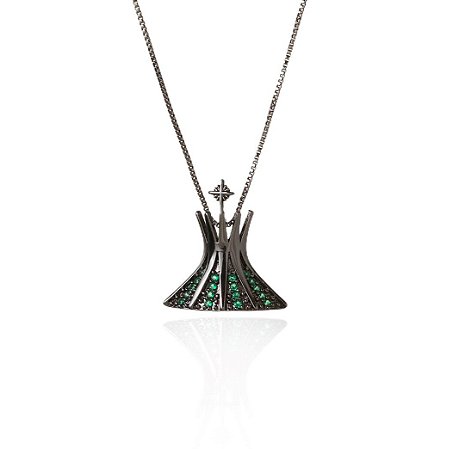 Colar Catedral no Banho de ródio negro com  zircônia verde
