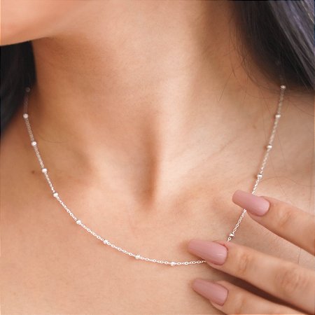 Corrente mini cadeado com bolinhas 45cm prata 925