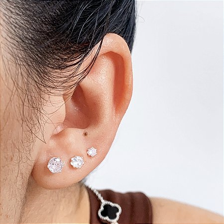 Trio de brincos ponto de luz zircônia banhado a prata