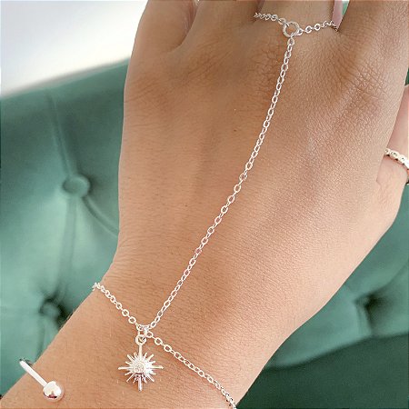 Pulseira Hand Chain estrela cadente banhado a prata