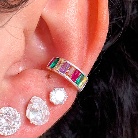 Piercing fake zircônia baguete colorida banhado a prata