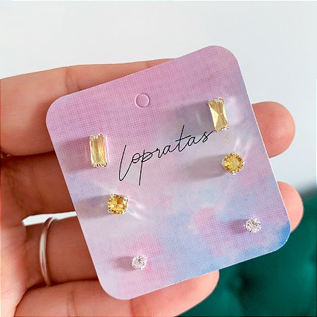 Trio de brincos zircônia retangular Amarelo banhado a prata