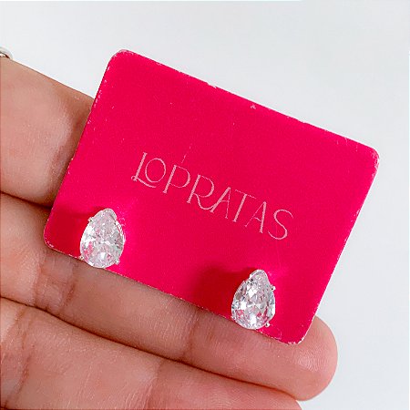 Brinco zircônia gota grande banhado a prata