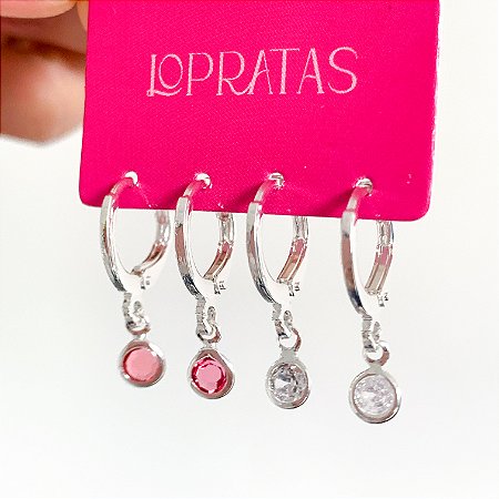 Kit de argolas click pingentes ponto de luz rosa banhado a prata