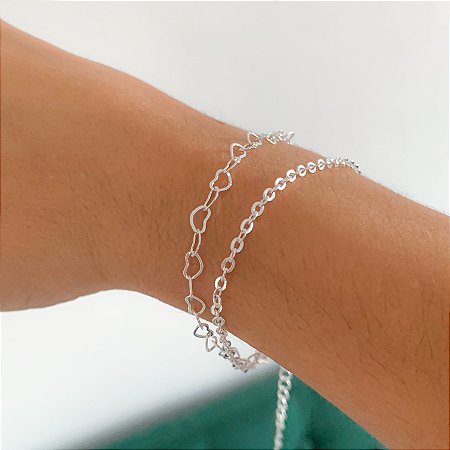 Pulseira dupla corrente coração banhado a prata