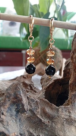 Brinco Ágata Negra e Cristal Áurea Irizado