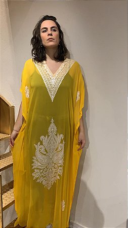 Kaftan Amarelo com Bordado Off- White - Seda Pura