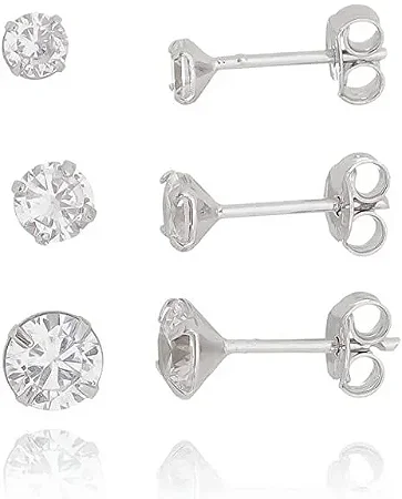 Trio de Brincos de Prata 925 Zircônia Redonda