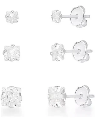 Trio de Brincos de Prata 925 Zircônia Quadrada
