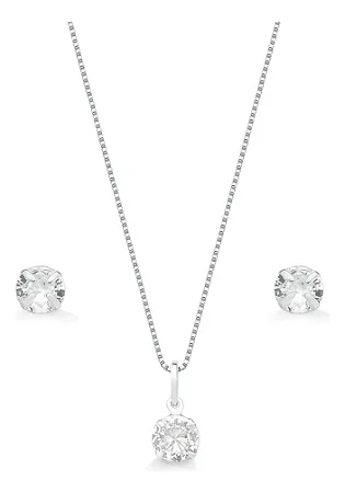 Conjunto Ponto de Luz Zircônia Redonda Prata 925