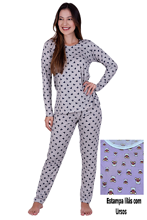 Pijama feminino longo - Lilás Urso