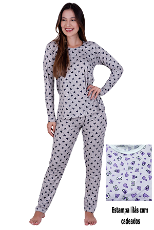 Pijama feminino longo - Lilás cadeados e cartas