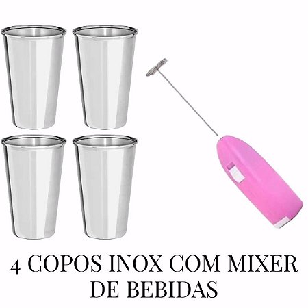KIT  4 COPOS DE INOX 250 ML COM MINI MIXER DE BEBIDAS