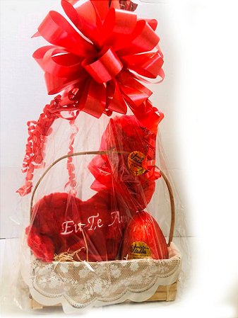 Cesta Amorzinho c/ 1 Coração de Pelúcia e 1 Ovo de 180g ao Leite