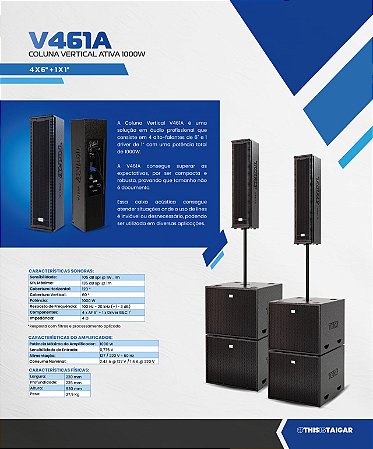 Line Array Vertical Taigar System V461 A de 1000 W RMS - 135 dB