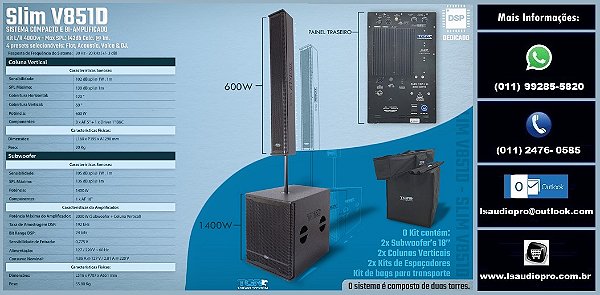 PA Completo com 4 Caixas e acessórios - Taigar System Slim V851 D- Total 4.000 W RMS