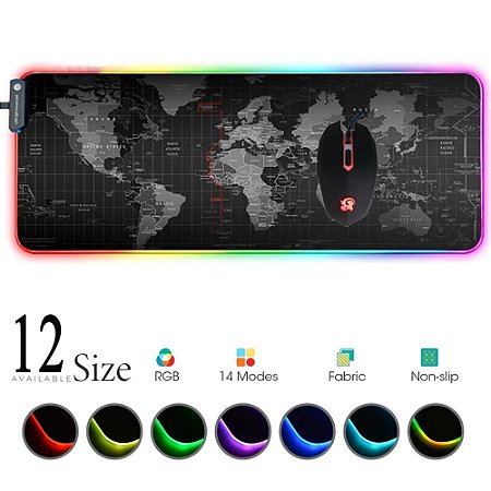 Mouse Pad Gamer Rgb LED Grande de Borracha 30x80 Mapa Mundi Pc