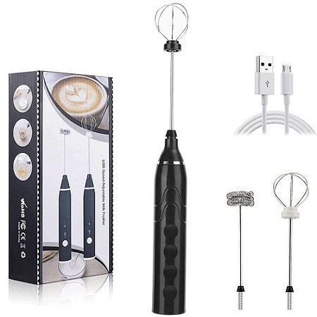 Misturador de Bebidas Mini Batedor Mixer Espumador de Leite Portátil USB Recarregável Preto