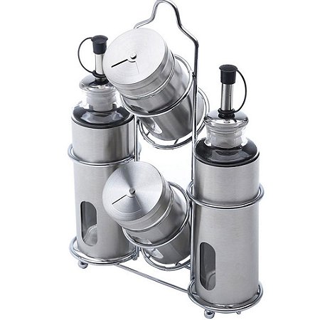 Kit Porta Azeite de Mesa em Vidro e Inox 4 Peças + Suporte