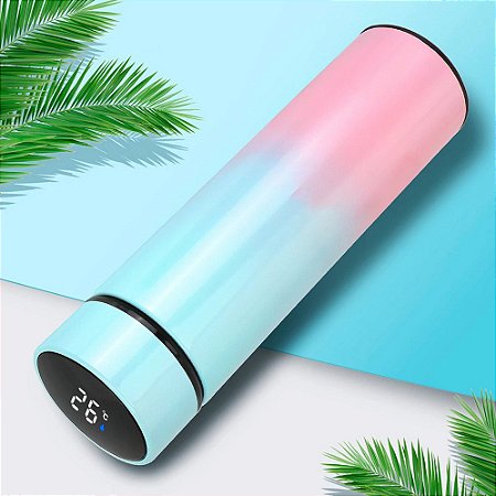 Garrafa Térmica Inox com Termômetro Digital Led Inteligente Verde e Rosa - 81516