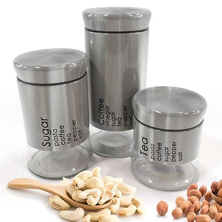 Pote para Mantimentos Alimentos 3 peças Inox e Vidro Prata