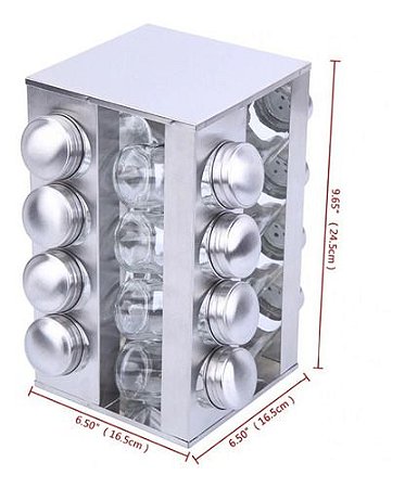 Porta Tempero Giratório Redondo Inox e Vidro 16 Potes