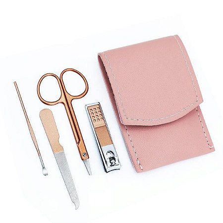 Conjunto Tesoura e Cortador de Unha Rosé Portátil Manicure