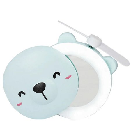 Mini Espelho de Bolsa com Led Ventilador Ursinho Usb Azul