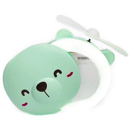 Mini Espelho de Bolsa com Led Ventilador Ursinho Usb Verde