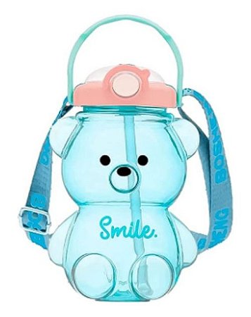 Garrafa De Água Infantil Urso 1000ml Com Alça E Canudo Azul - 82964