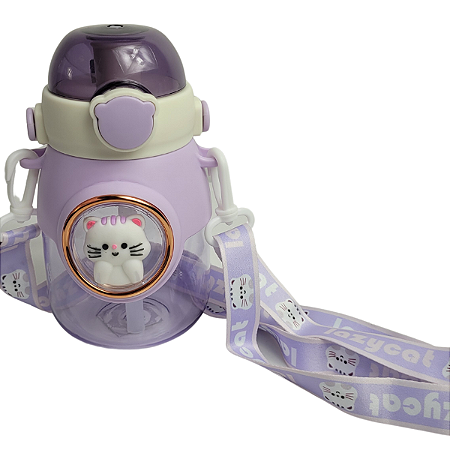 Garrafa Infantil 800ml Lilás Estampa Gatinho Com Alça E Canudo