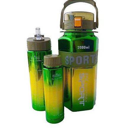 Kit 3 Garrafas Metalizadas 2l 700ml 260ml Com Canudo E Alça Verde