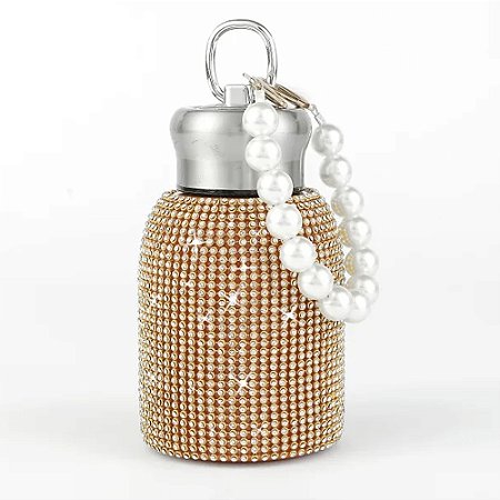 Garrafa Termica 300ml Com Strass Glitter Dourada - 81993