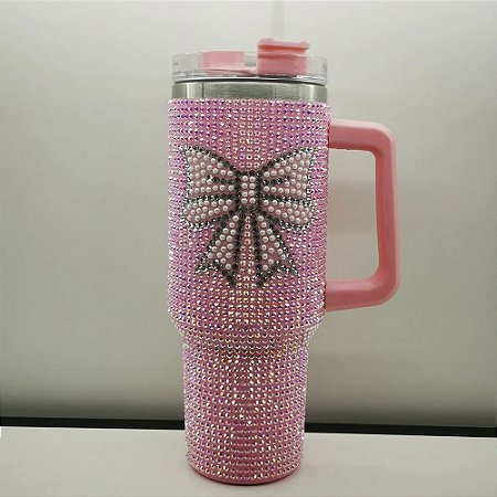 Garrafa Copo Térmico Inox 1000ml  C/ Strass Canudo e Alça - 81996